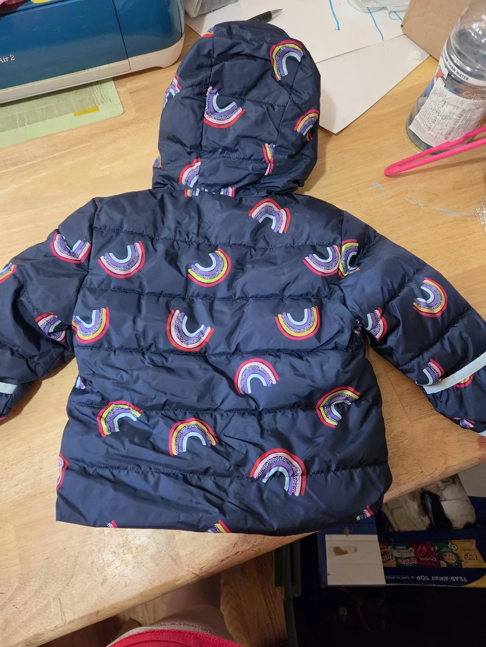 Swiss Tech Navy Hooded Puffer Jacket with Rainbow Print